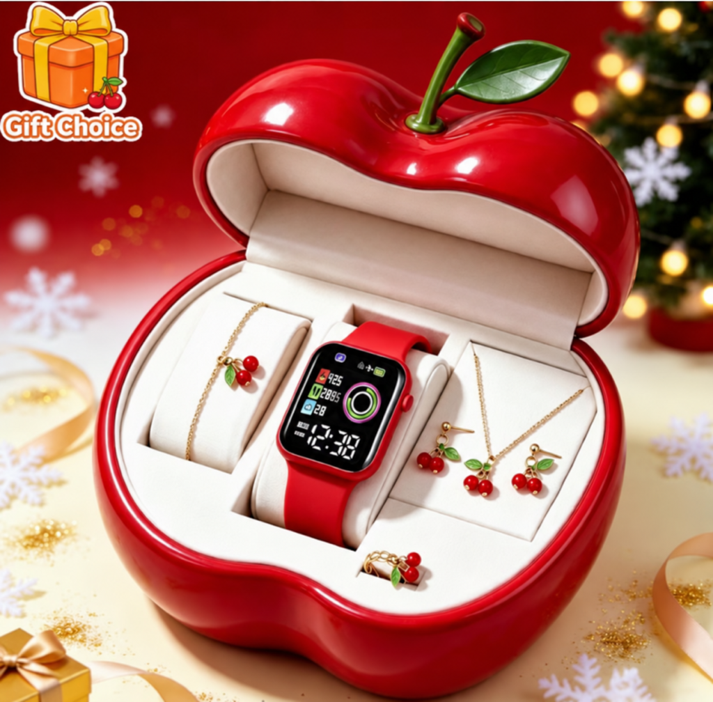 Cherry-themed LED watch and jewellery set in red apple-shaped gift box