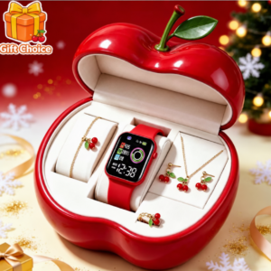 Cherry-themed LED watch and jewellery set in red apple-shaped gift box