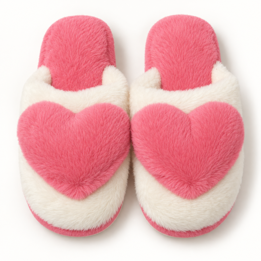 Pink fluffy heart slippers with white trim