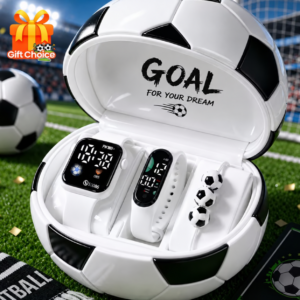 Football-themed LED watch and bracelet set in football-shaped gift box