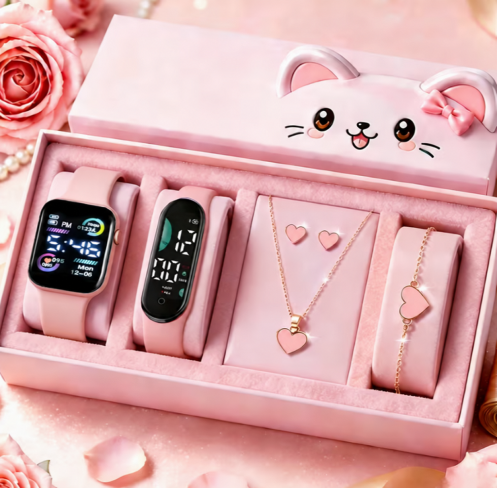 Pink heart-themed LED watch and jewellery gift set with cat-shaped presentation box