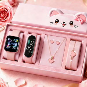 Pink heart-themed LED watch and jewellery gift set with cat-shaped presentation box