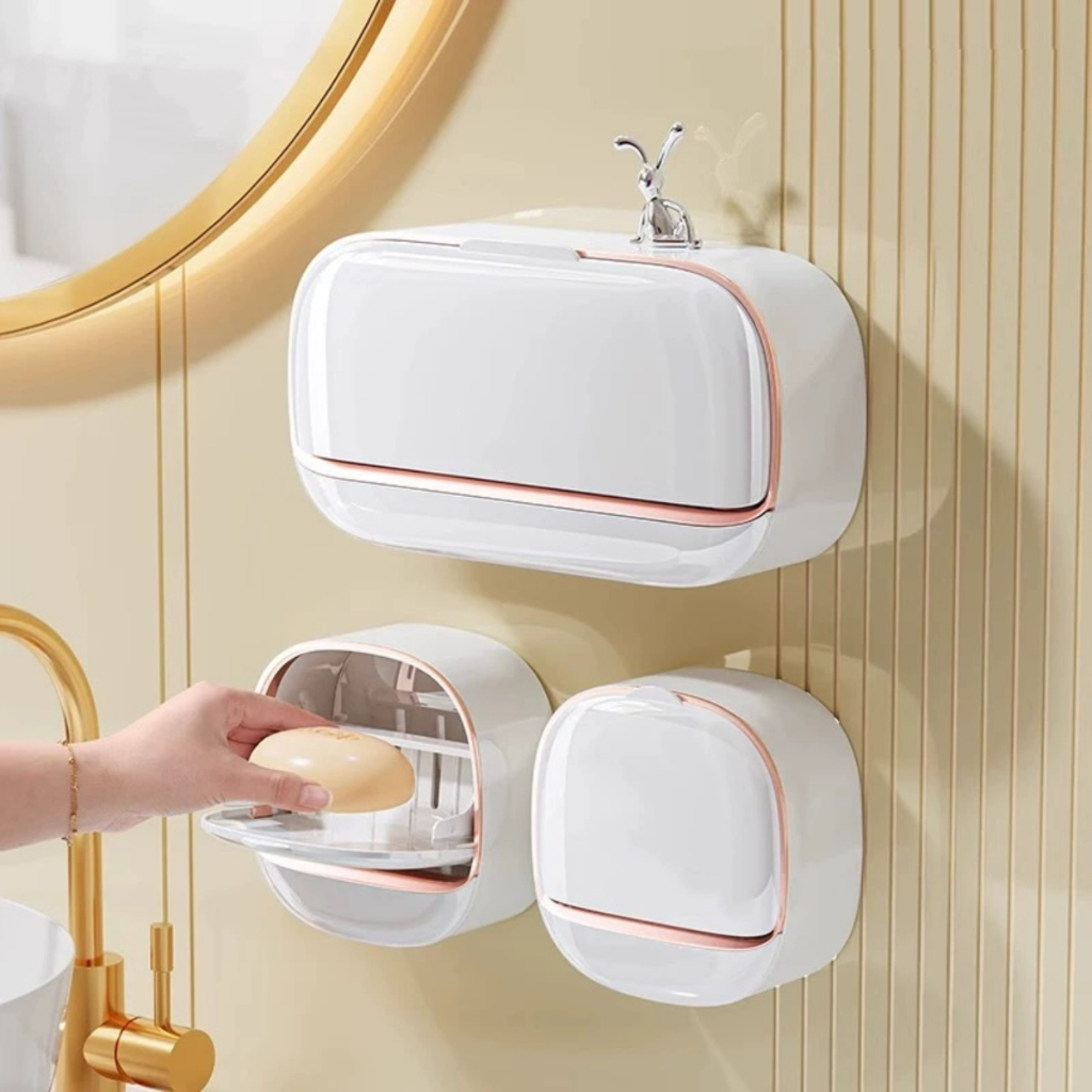 White and mint green wall-mounted soap holders with drainage trays
